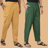 Combo of 2 Men Solid Cotton Flex Pant Bottle Green Beige