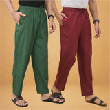 Combo of 2 Men Solid Cotton Flex Pant Bottle Green Maroon