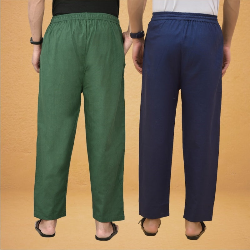 Combo of 2 Men Solid Cotton Flex Pant Bottle Green Navy Blue