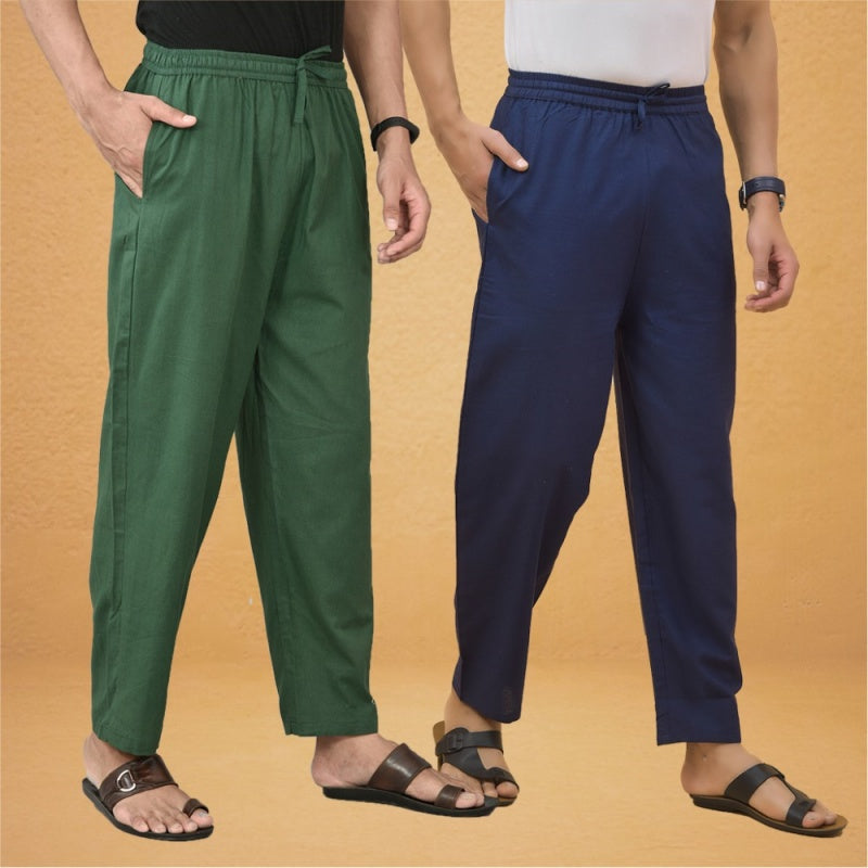 Combo of 2 Men Solid Cotton Flex Pant Bottle Green Navy Blue