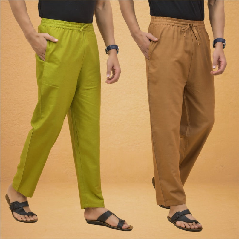 Combo of 2 Men Solid Cotton Flex Pant Brown Olive Green