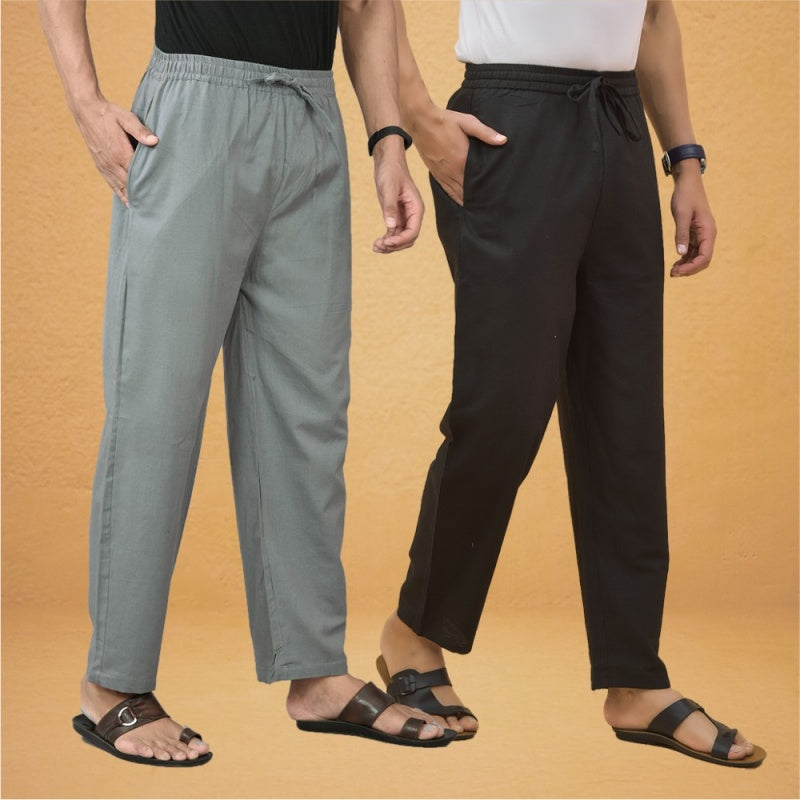 Combo of 2 Men Solid Cotton Flex Pant Gray Black