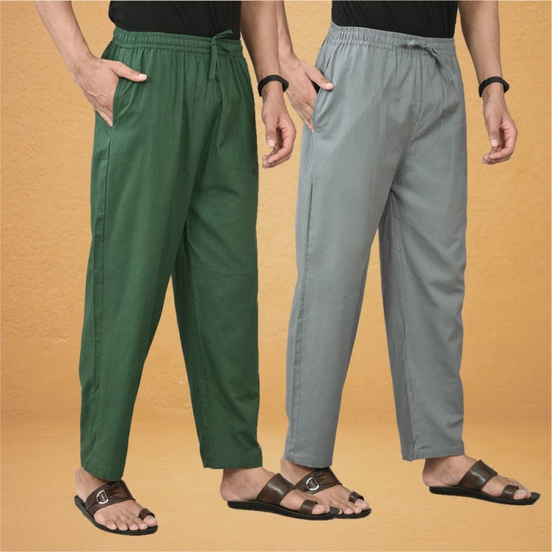 Combo of 2 Men Solid Cotton Flex Pant Gray Bottle Greenc