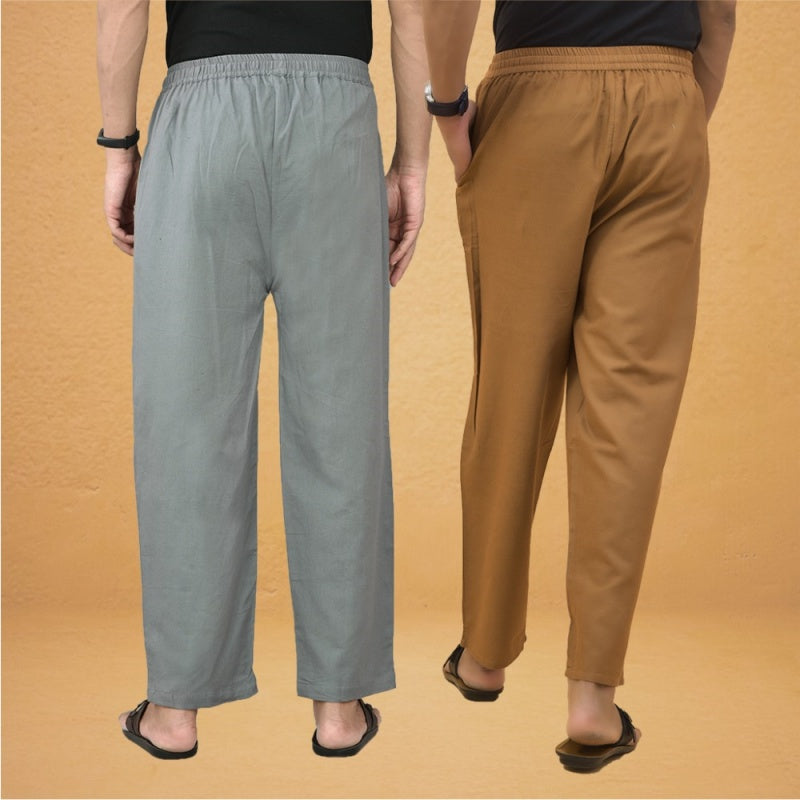 Combo of 2 Men Solid Cotton Flex Pant Gray Brown