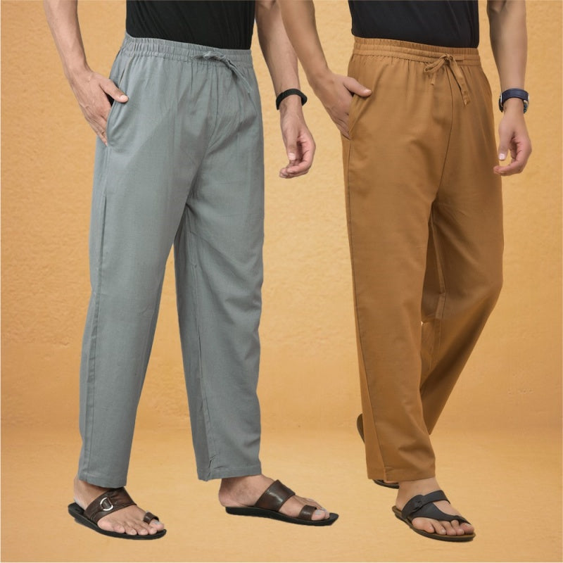 Combo of 2 Men Solid Cotton Flex Pant Gray Brown