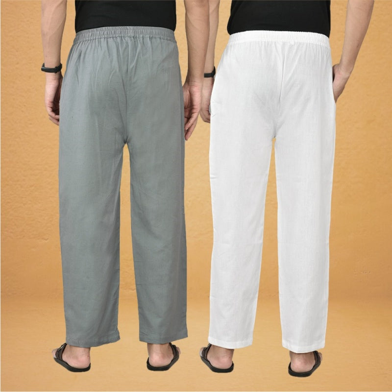 Combo of 2 Men Solid Cotton Flex Pant Gray White