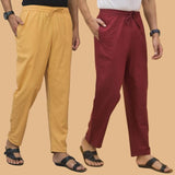 Combo of 2 Men Solid Cotton Flex Pant Maroon Beige