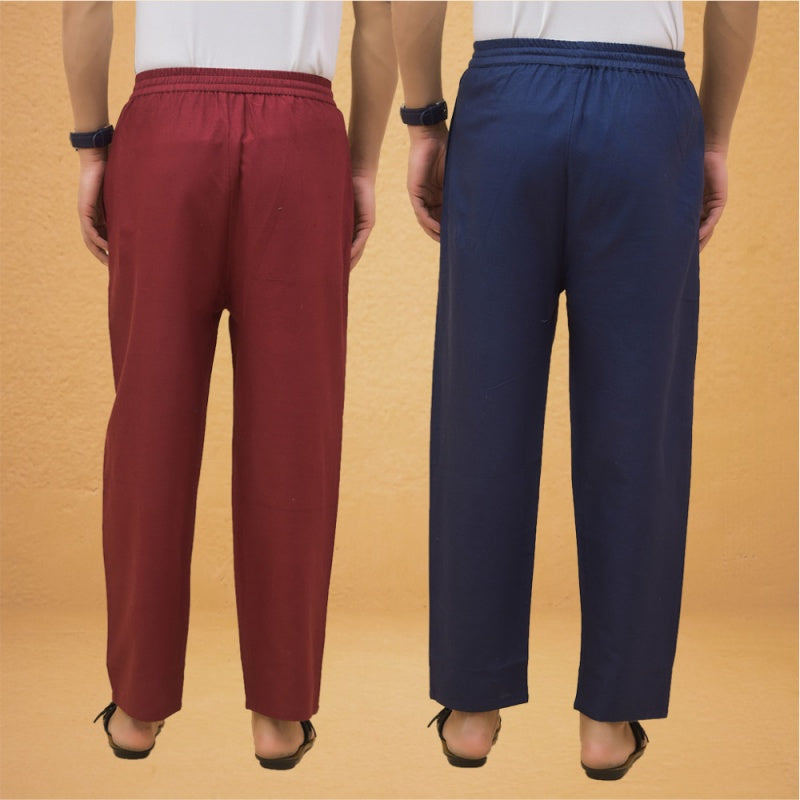 Combo of 2 Men Solid Cotton Flex Pant Maroon Navy Blue