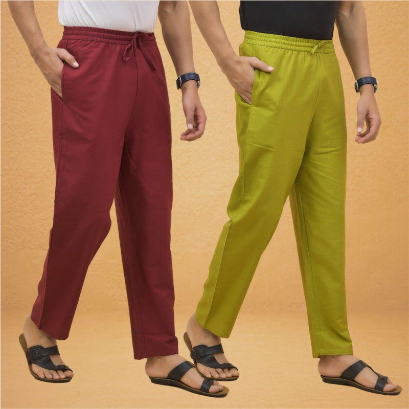 Combo of 2 Men Solid Cotton Flex Pant Maroon Olive Green