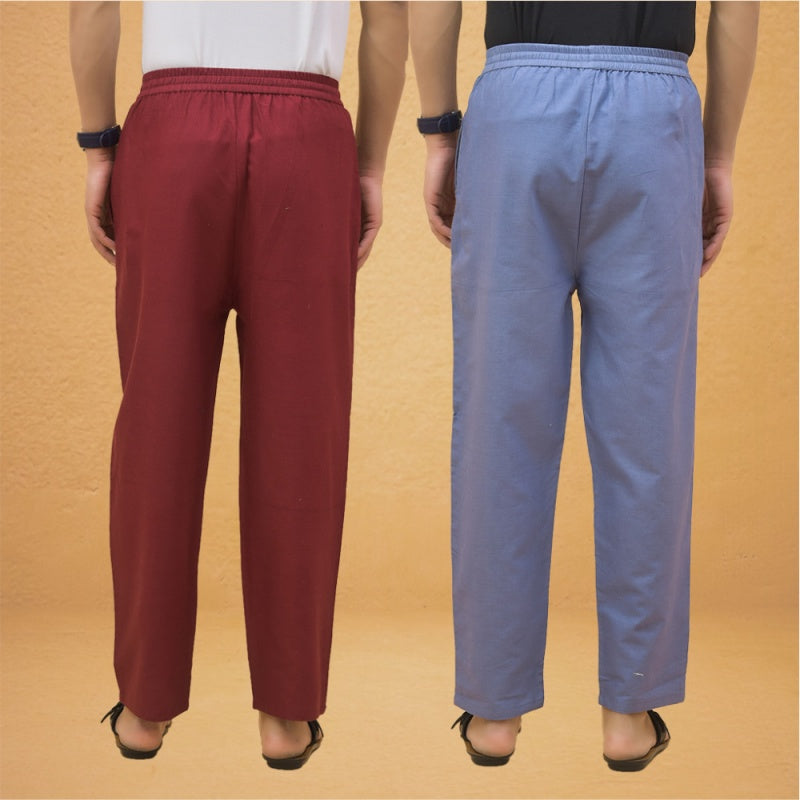 Combo of 2 Men Solid Cotton Flex Pant Maroon Sky Blue