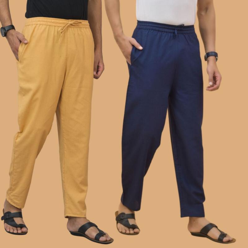 Combo of 2 Men Solid Cotton Flex Pant Navy Blue Beige