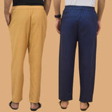 Combo of 2 Men Solid Cotton Flex Pant Navy Blue Beige