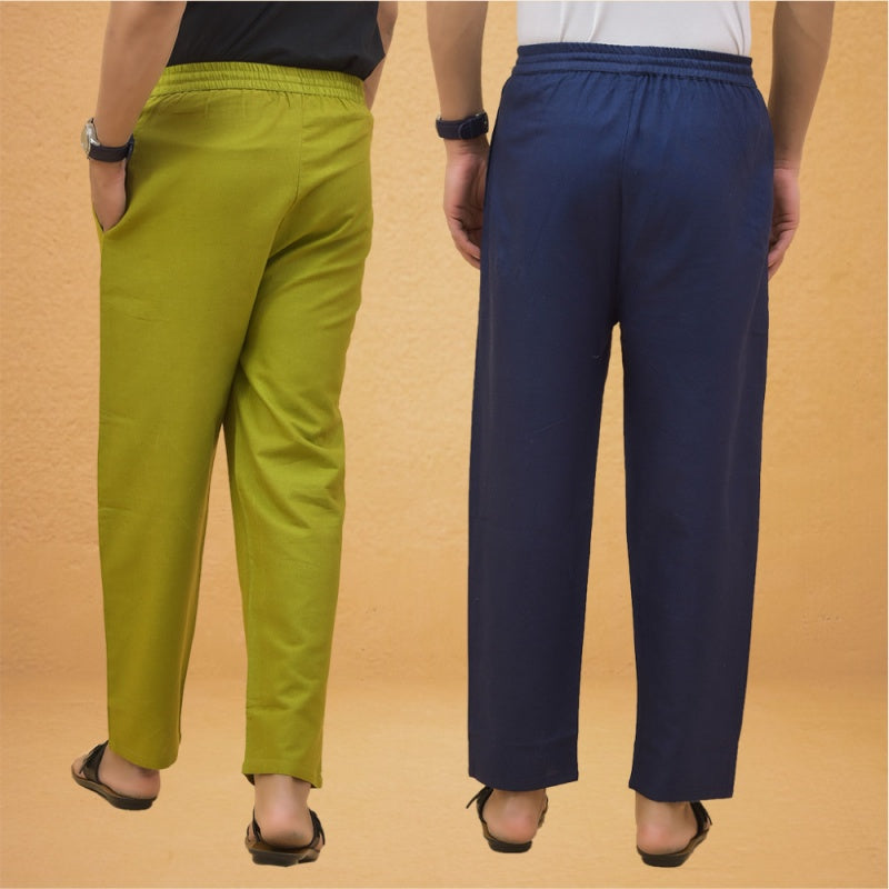 Combo of 2 Men Solid Cotton Flex Pant Navy Blue Olive Green