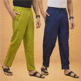 Combo of 2 Men Solid Cotton Flex Pant Navy Blue Olive Green