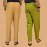 Combo of 2 Men Solid Cotton Flex Pant Olive Green Beige