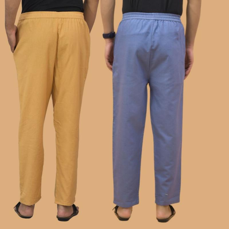 Combo of 2 Men Solid Cotton Flex Pant Sky Blue Beige