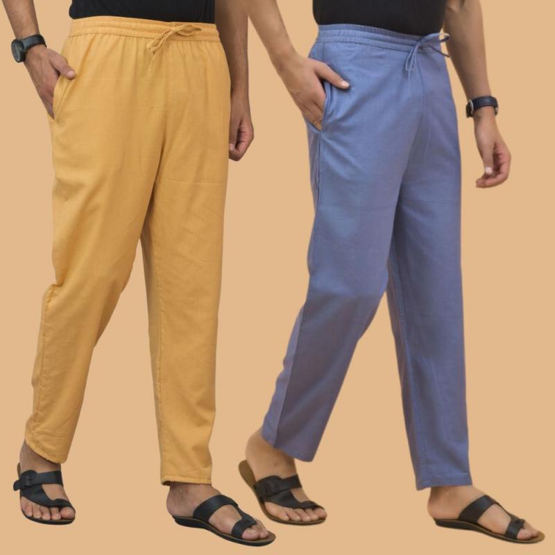 Combo of 2 Men Solid Cotton Flex Pant Sky Blue Beige