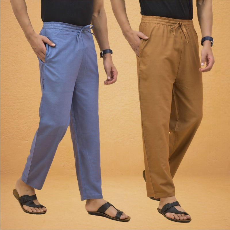 Combo of 2 Men Solid Cotton Flex Pant Sky Blue Brown