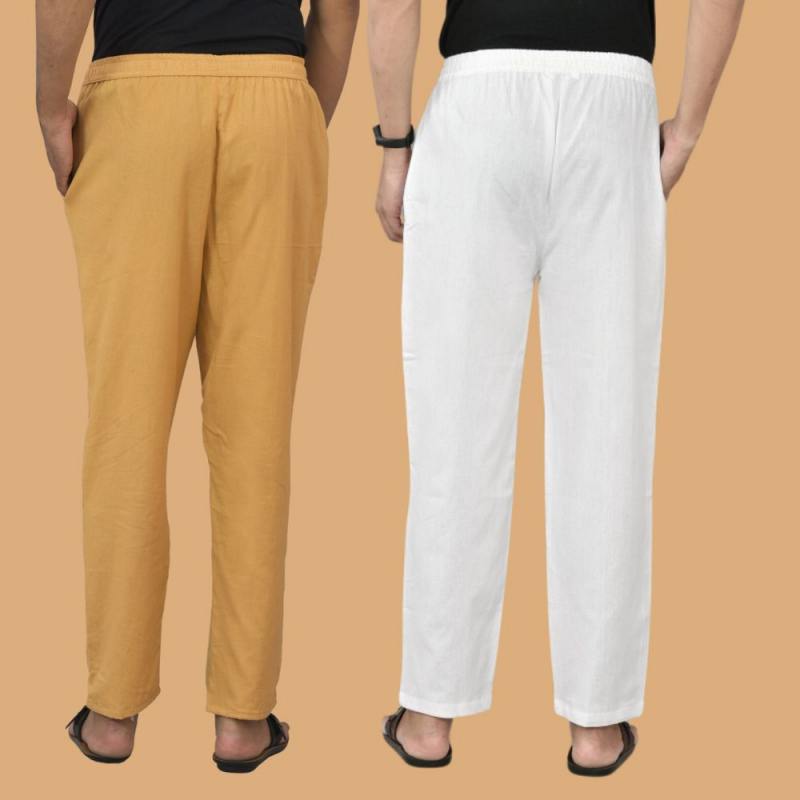 Combo of 2 Men Solid Cotton Flex Pant White Beige