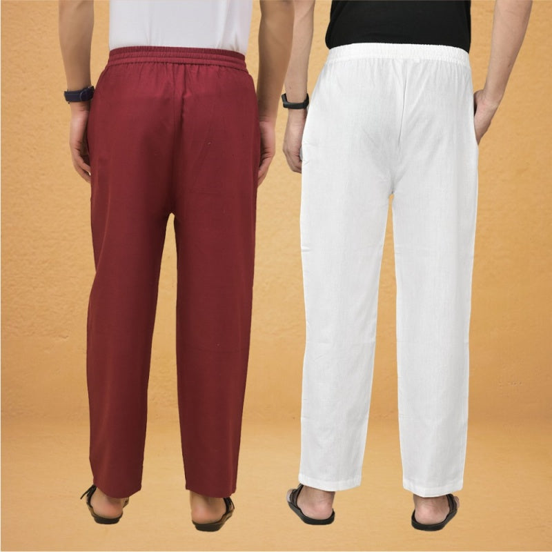 Combo of 2 Men Solid Cotton Flex Pant White Maroon