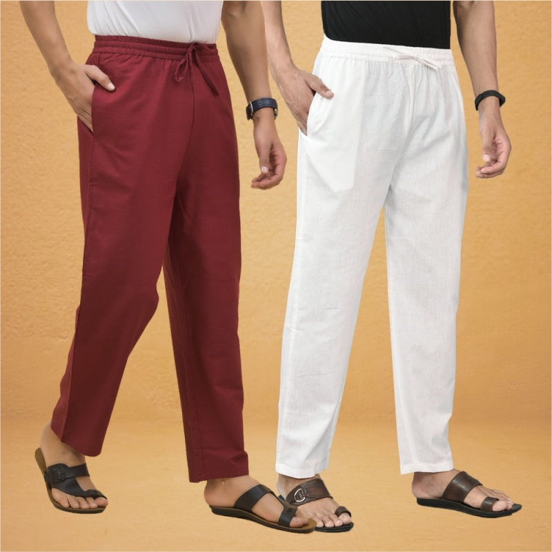 Combo of 2 Men Solid Cotton Flex Pant White Maroon