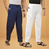 Combo of 2 Men Solid Cotton Flex Pant White Navy Blue