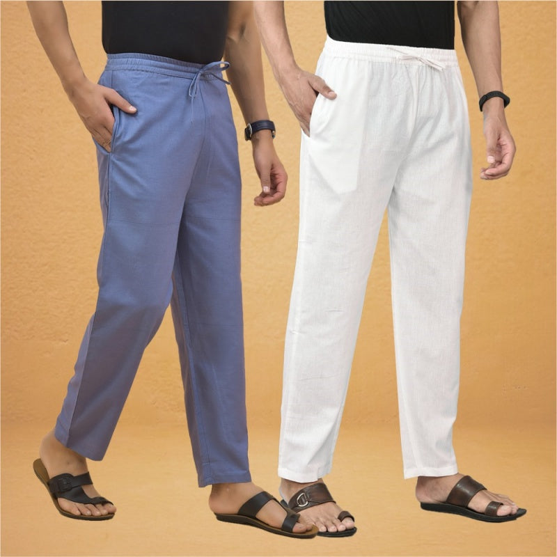 Combo of 2 Men Solid Cotton Flex Pant White Sky Blue