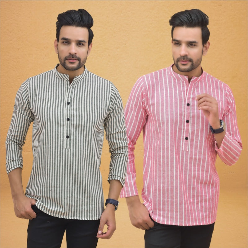 Combo of 2 Men Stripe Cotton Handloom Kurta Pink White