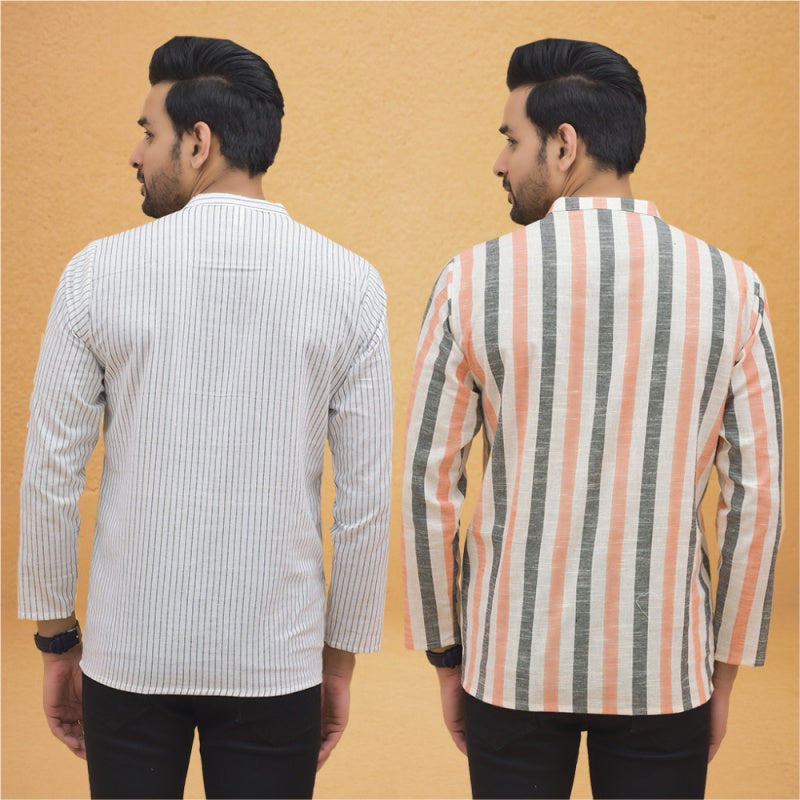 Combo of 2 Men Stripe Cotton Handloom Kurta White Peach