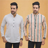 Combo of 2 Men Stripe Cotton Handloom Kurta White Peach