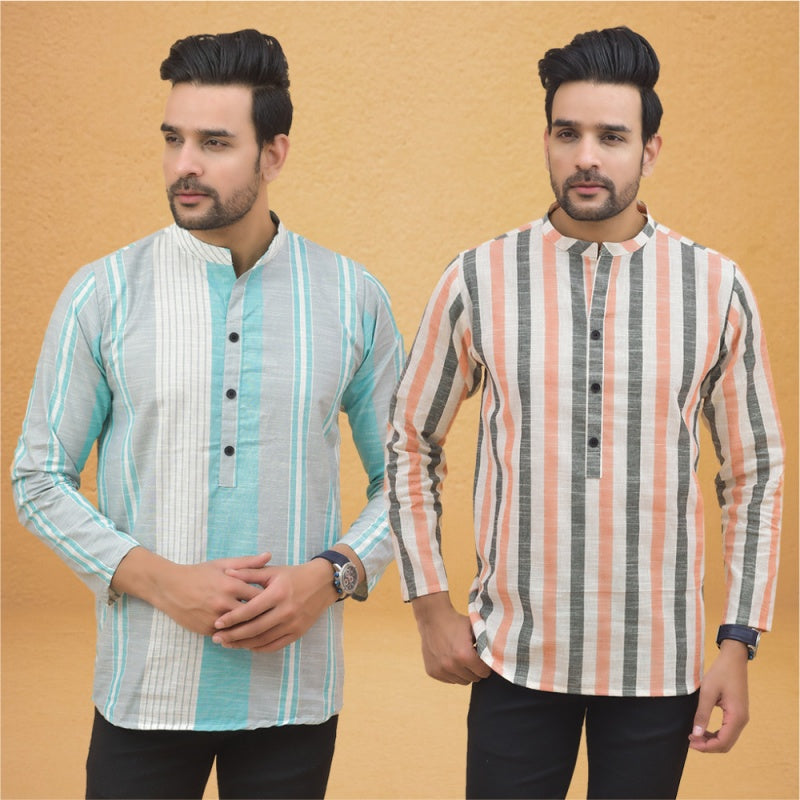 Combo of 2 Men Stripe Cotton Handloom Kurta White Peach