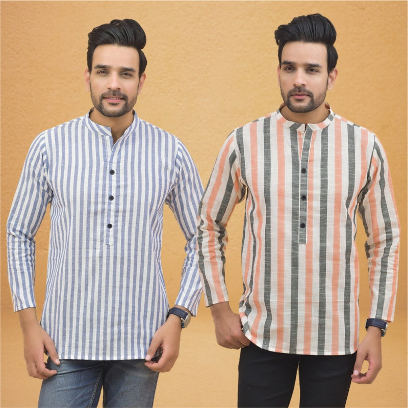 Combo of 2 Men Stripe Cotton Handloom Kurta White Peach