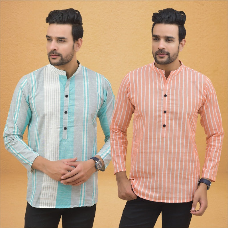 Combo of 2 Men Stripe Cotton Handloom Kurta White Peach