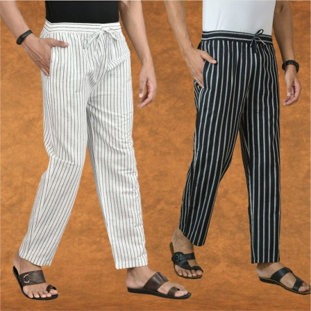 Combo of 2 Men White Black Cotton Handloom Stripe Pant