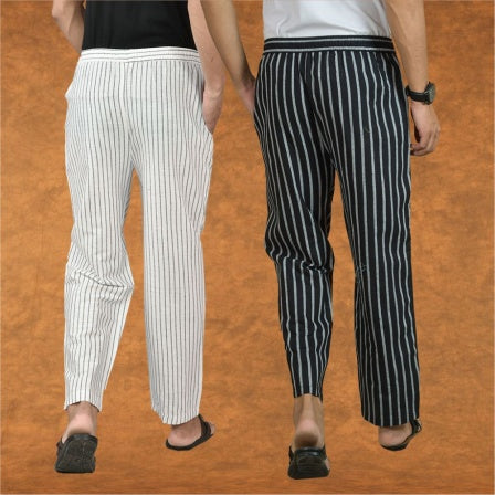 Combo of 2 Men White Black Cotton Handloom Stripe Pant