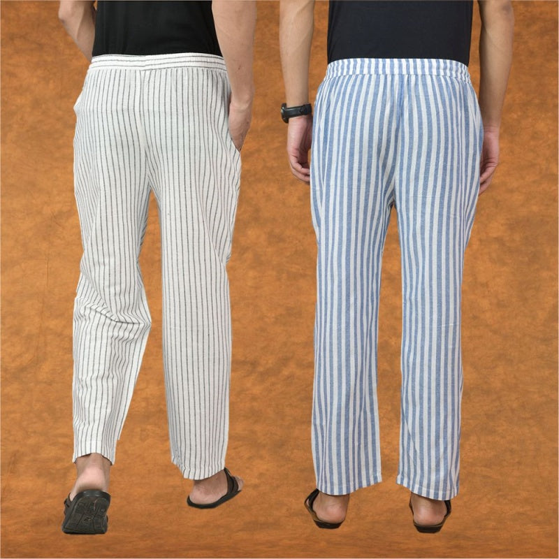 Combo of 2 Men White Blue Cotton Handloom Stripe Pant