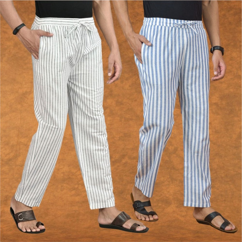 Combo of 2 Men White Blue Cotton Handloom Stripe Pant