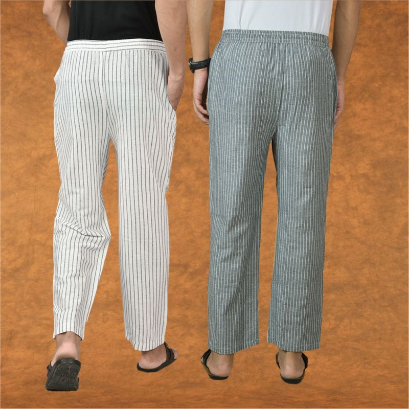 Combo of 2 Men White Gray Cotton Handloom Stripe Pant