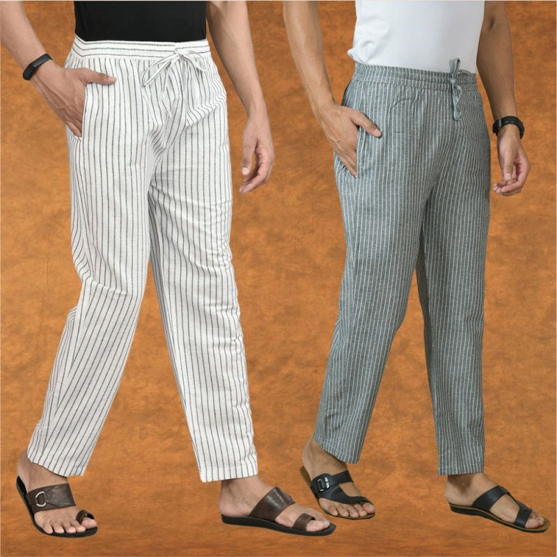 Combo of 2 Men White Gray Cotton Handloom Stripe Pant