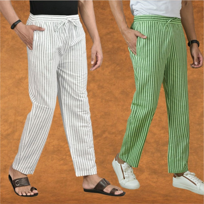 Combo of 2 Men White Olive Green Cotton Handloom Stripe Pant