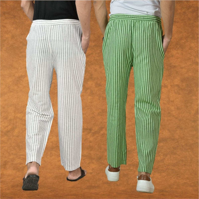 Combo of 2 Men White Olive Green Cotton Handloom Stripe Pant