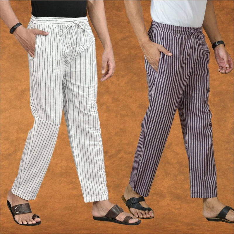 Combo of 2 Men White Purple Cotton Handloom Stripe Pant