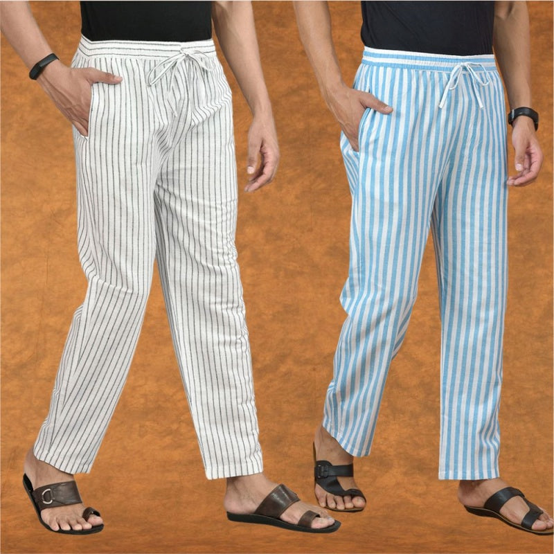 Combo of 2 Men White Sky Blue Cotton Handloom Stripe Pant