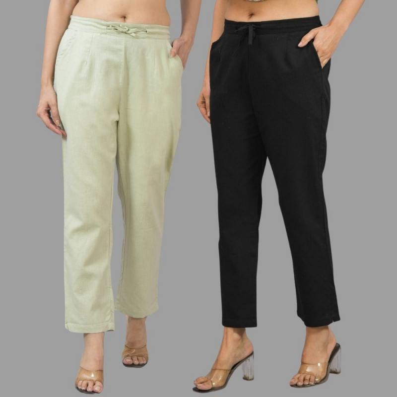 Combo of 2 Mint Green and Black Cotton Flax Women Trouser Pants-11339