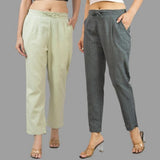 Combo of 2 Mint Green and Dark Gray Cotton Flax Women Trouser Pants-11337