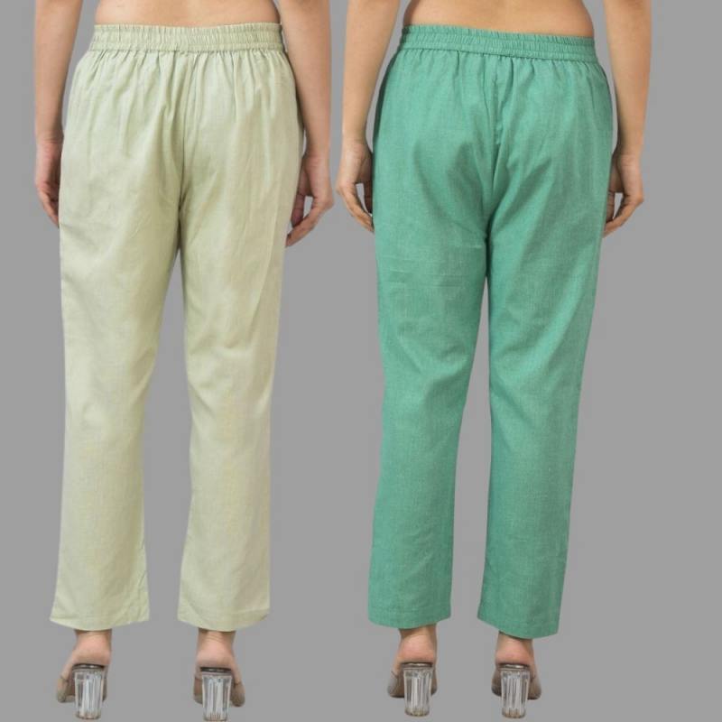 Combo of 2 Navy Blue and Bottle Green Cotton Flax Women Trouser Pant-10343