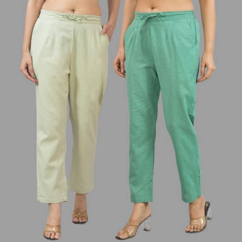 Combo of 2 Navy Blue and Bottle Green Cotton Flax Women Trouser Pant-10343