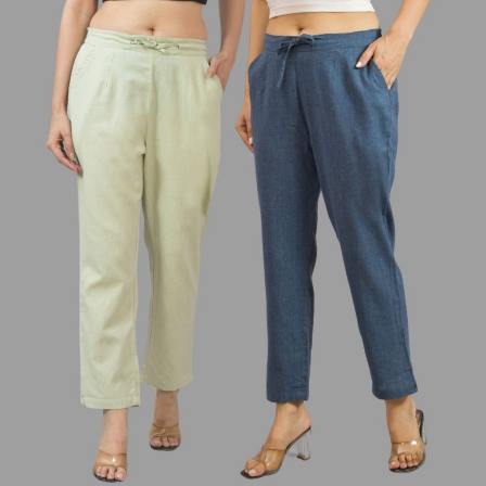 Combo of 2 Mint Green and Navy Blue Cotton Flax Women Trouser Pants-11338