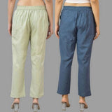 Combo of 2 Mint Green and Navy Blue Cotton Flax Women Trouser Pants-11338