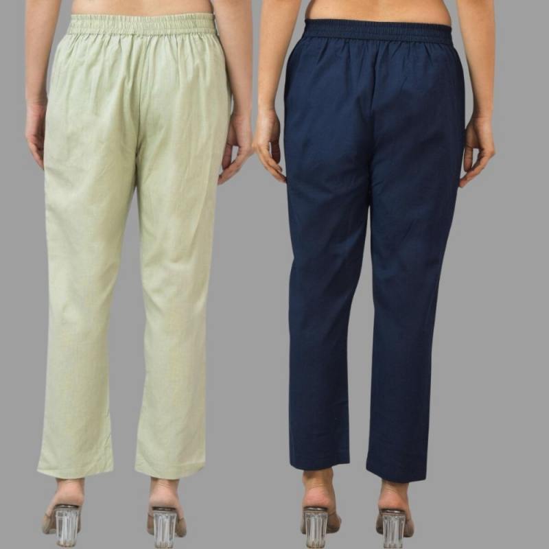 Combo of 2 Mint Green and Navy Blue Cotton Flax Women Trouser Pants